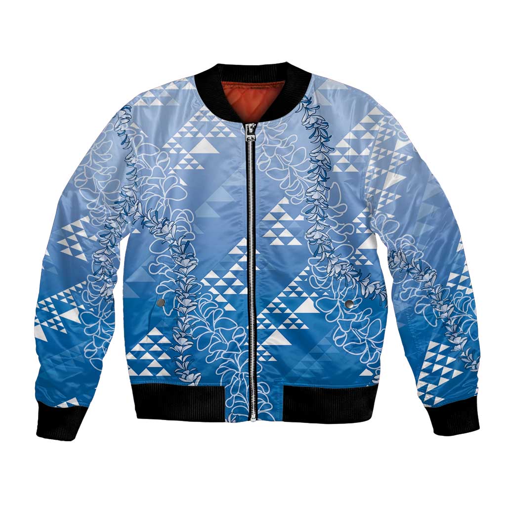 Hawaii Royal Blue Kapa Bomber Jacket Vintage 'Ohe Kāpala Motifs Mix Plumeria Leis LT7 Unisex Royal Blue - Polynesian Pride