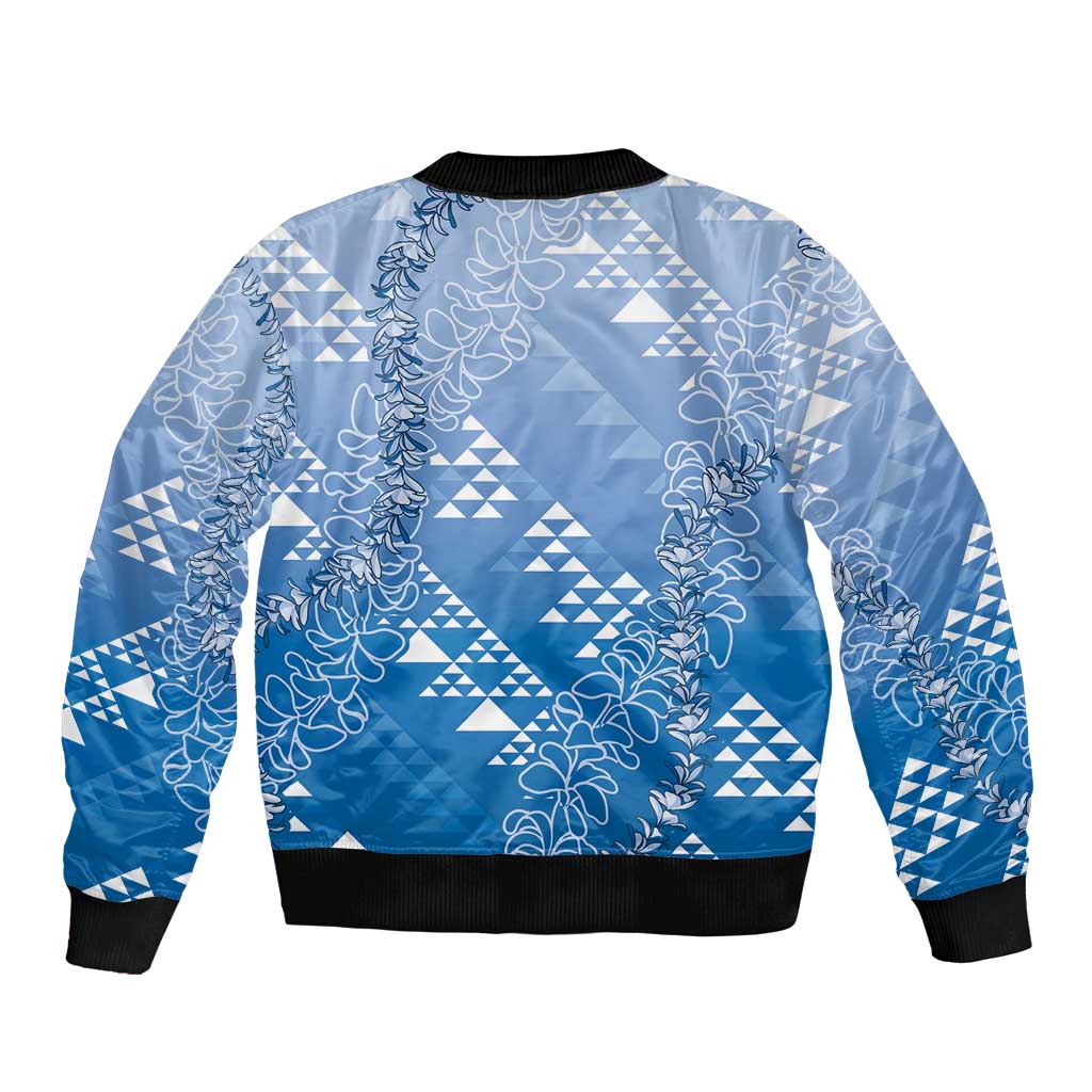 Hawaii Royal Blue Kapa Bomber Jacket Vintage 'Ohe Kāpala Motifs Mix Plumeria Leis LT7 - Polynesian Pride
