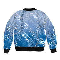 Hawaii Royal Blue Kapa Bomber Jacket Vintage 'Ohe Kāpala Motifs Mix Plumeria Leis LT7 - Polynesian Pride