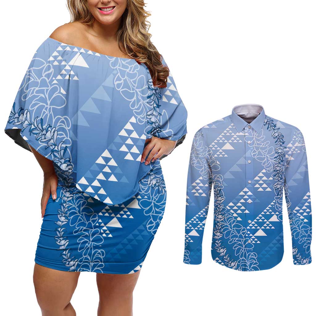 Hawaii Royal Blue Kapa Couples Matching Off Shoulder Short Dress and Long Sleeve Button Shirt Vintage 'Ohe Kāpala Motifs Mix Plumeria Leis