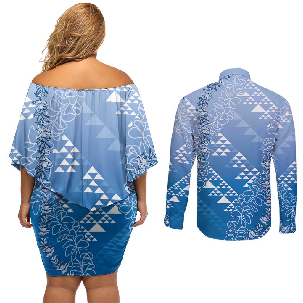 Hawaii Royal Blue Kapa Couples Matching Off Shoulder Short Dress and Long Sleeve Button Shirt Vintage 'Ohe Kāpala Motifs Mix Plumeria Leis