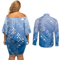 Hawaii Royal Blue Kapa Couples Matching Off Shoulder Short Dress and Long Sleeve Button Shirt Vintage 'Ohe Kāpala Motifs Mix Plumeria Leis
