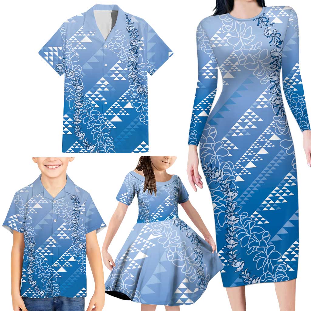 Hawaii Royal Blue Kapa Family Matching Long Sleeve Bodycon Dress and Hawaiian Shirt Vintage 'Ohe Kāpala Motifs Mix Plumeria Leis