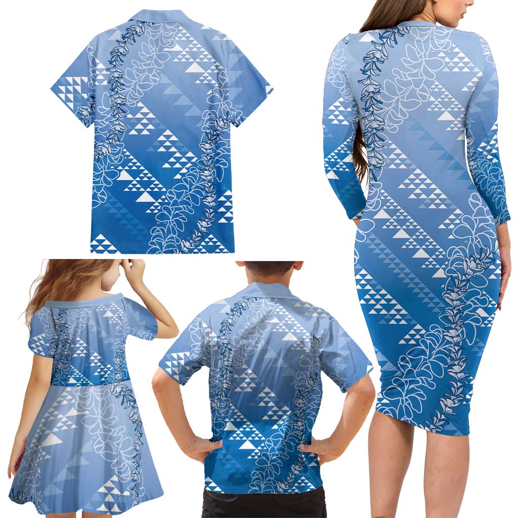 Hawaii Royal Blue Kapa Family Matching Long Sleeve Bodycon Dress and Hawaiian Shirt Vintage 'Ohe Kāpala Motifs Mix Plumeria Leis