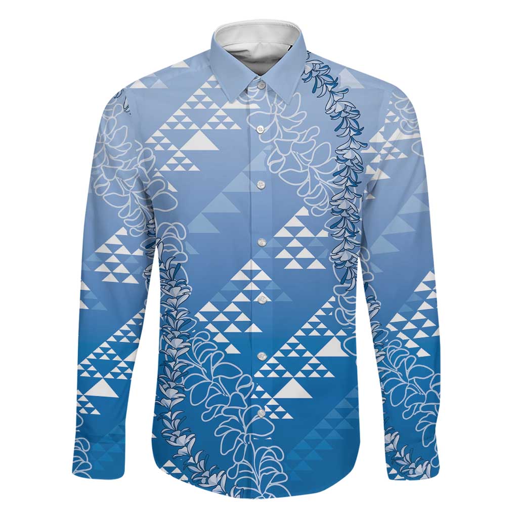 Hawaii Royal Blue Kapa Family Matching Long Sleeve Bodycon Dress and Hawaiian Shirt Vintage 'Ohe Kāpala Motifs Mix Plumeria Leis