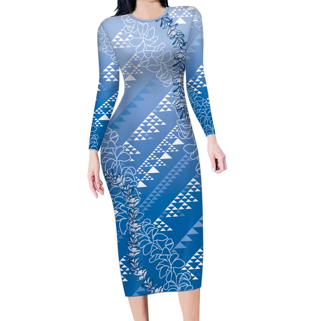 Hawaii Royal Blue Kapa Family Matching Long Sleeve Bodycon Dress and Hawaiian Shirt Vintage 'Ohe Kāpala Motifs Mix Plumeria Leis