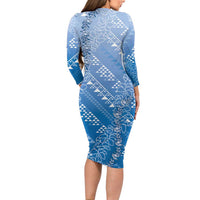 Hawaii Royal Blue Kapa Family Matching Long Sleeve Bodycon Dress and Hawaiian Shirt Vintage 'Ohe Kāpala Motifs Mix Plumeria Leis