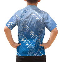 Hawaii Royal Blue Kapa Family Matching Off The Shoulder Long Sleeve Dress and Hawaiian Shirt Vintage 'Ohe Kāpala Motifs Mix Plumeria Leis