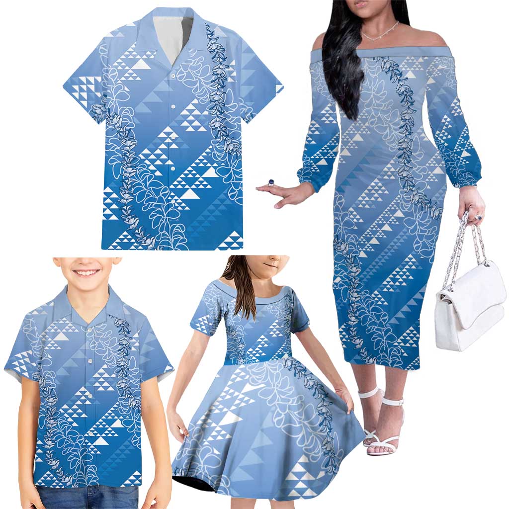 Hawaii Royal Blue Kapa Family Matching Off The Shoulder Long Sleeve Dress and Hawaiian Shirt Vintage 'Ohe Kāpala Motifs Mix Plumeria Leis