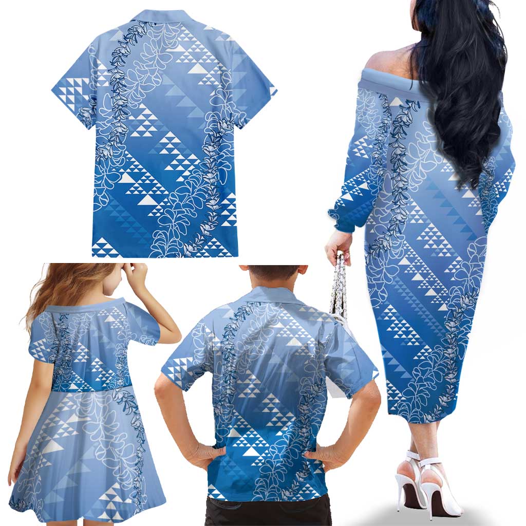 Hawaii Royal Blue Kapa Family Matching Off The Shoulder Long Sleeve Dress and Hawaiian Shirt Vintage 'Ohe Kāpala Motifs Mix Plumeria Leis