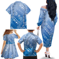 Hawaii Royal Blue Kapa Family Matching Off The Shoulder Long Sleeve Dress and Hawaiian Shirt Vintage 'Ohe Kāpala Motifs Mix Plumeria Leis