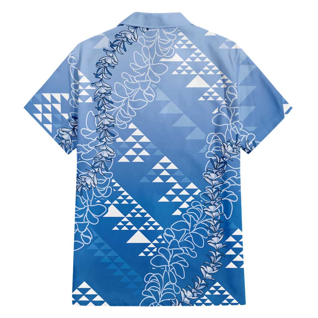 Hawaii Royal Blue Kapa Family Matching Off The Shoulder Long Sleeve Dress and Hawaiian Shirt Vintage 'Ohe Kāpala Motifs Mix Plumeria Leis