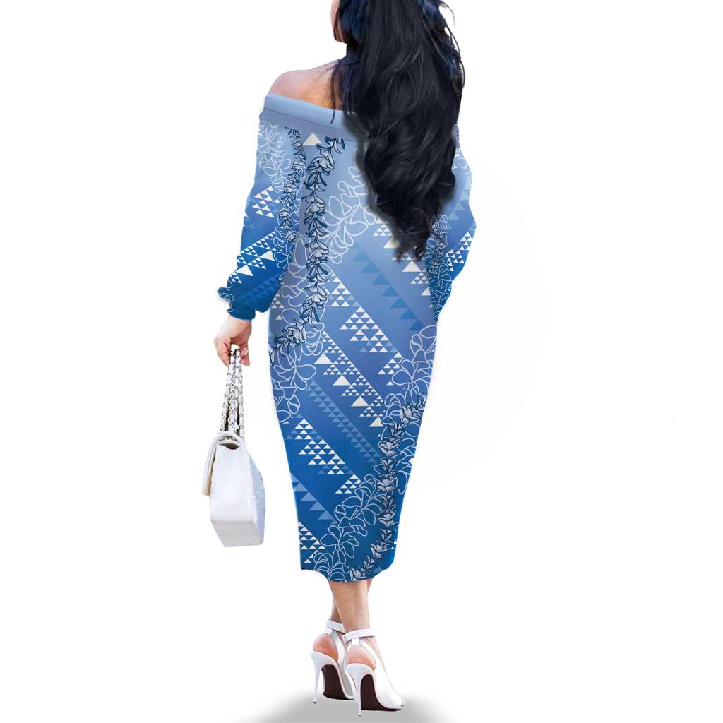 Hawaii Royal Blue Kapa Family Matching Off The Shoulder Long Sleeve Dress and Hawaiian Shirt Vintage 'Ohe Kāpala Motifs Mix Plumeria Leis