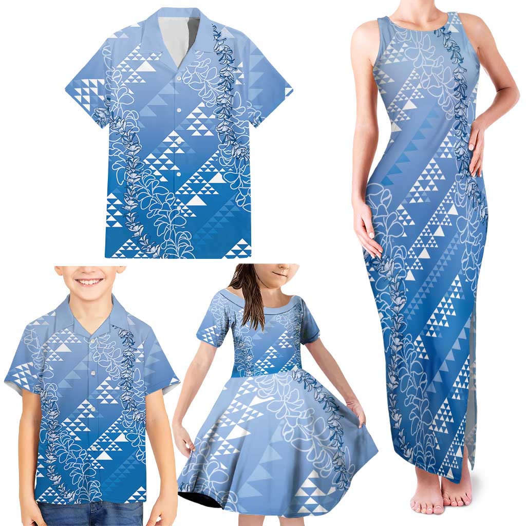 Hawaii Royal Blue Kapa Family Matching Tank Maxi Dress and Hawaiian Shirt Vintage 'Ohe Kāpala Motifs Mix Plumeria Leis