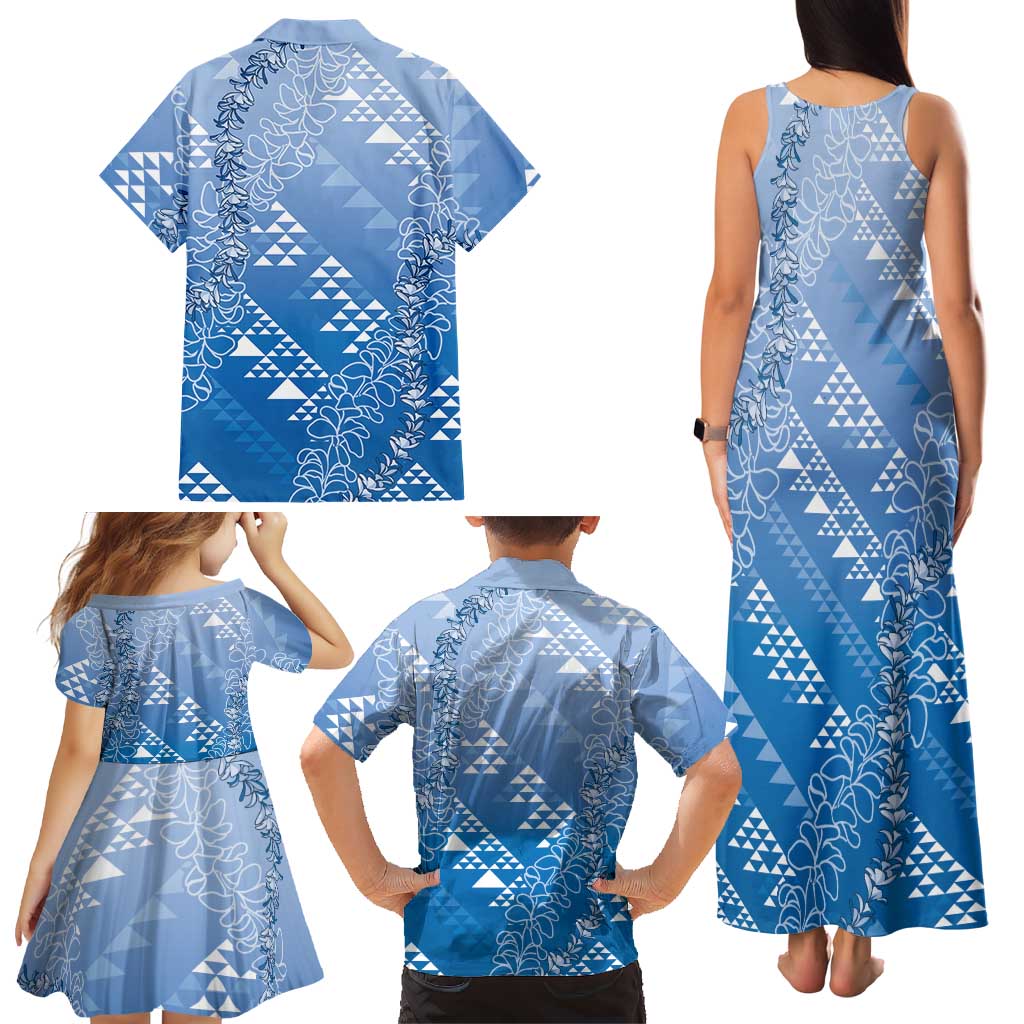 Hawaii Royal Blue Kapa Family Matching Tank Maxi Dress and Hawaiian Shirt Vintage 'Ohe Kāpala Motifs Mix Plumeria Leis