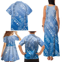 Hawaii Royal Blue Kapa Family Matching Tank Maxi Dress and Hawaiian Shirt Vintage 'Ohe Kāpala Motifs Mix Plumeria Leis