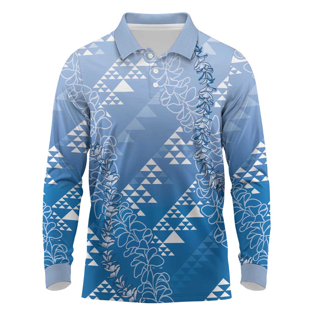 Hawaii Royal Blue Kapa Long Sleeve Polo Shirt Vintage 'Ohe Kāpala Motifs Mix Plumeria Leis