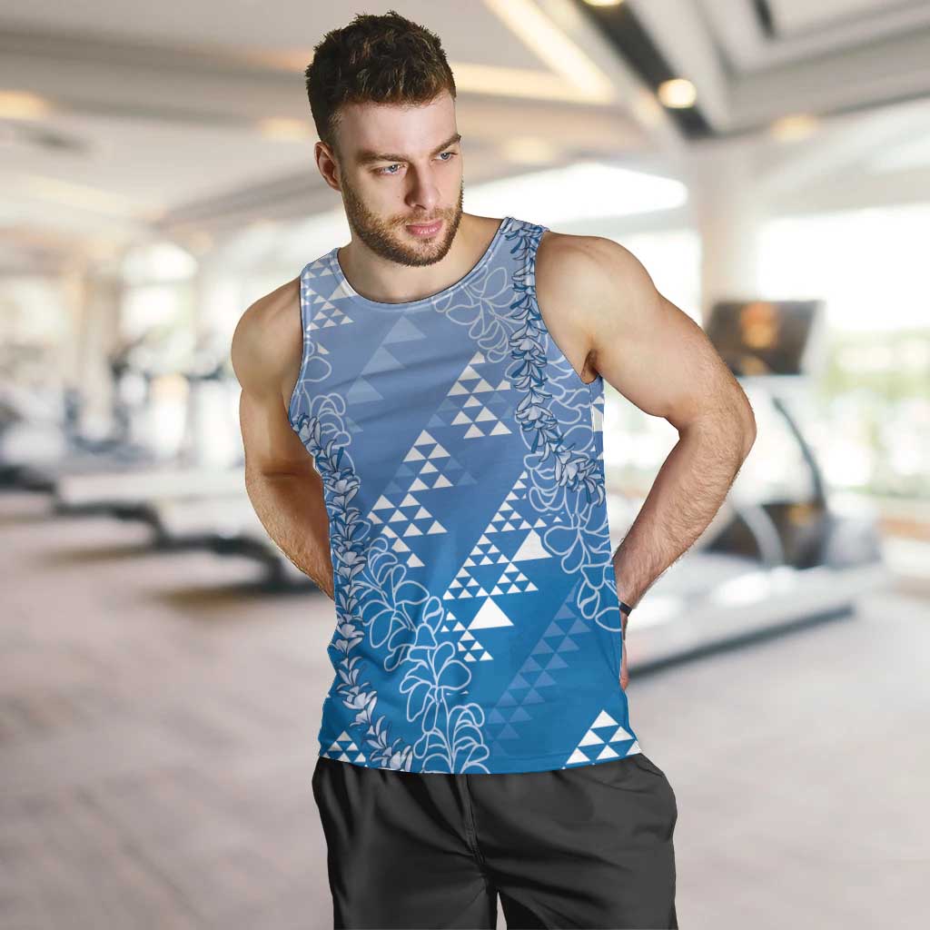 Hawaii Royal Blue Kapa Men Tank Top Vintage 'Ohe Kāpala Motifs Mix Plumeria Leis