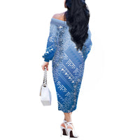 Hawaii Royal Blue Kapa Off The Shoulder Long Sleeve Dress Vintage 'Ohe Kāpala Motifs Mix Plumeria Leis