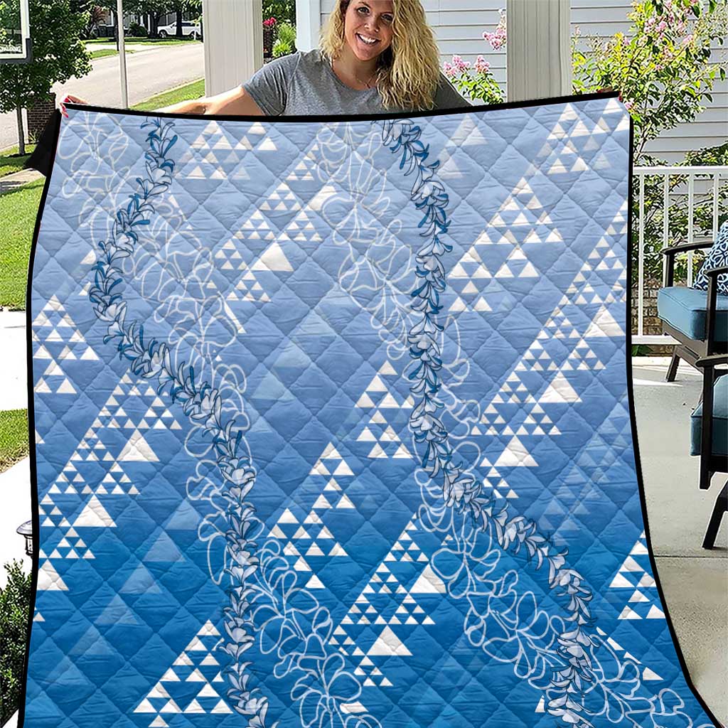 Hawaii Royal Blue Kapa Quilt Vintage 'Ohe Kāpala Motifs Mix Plumeria Leis