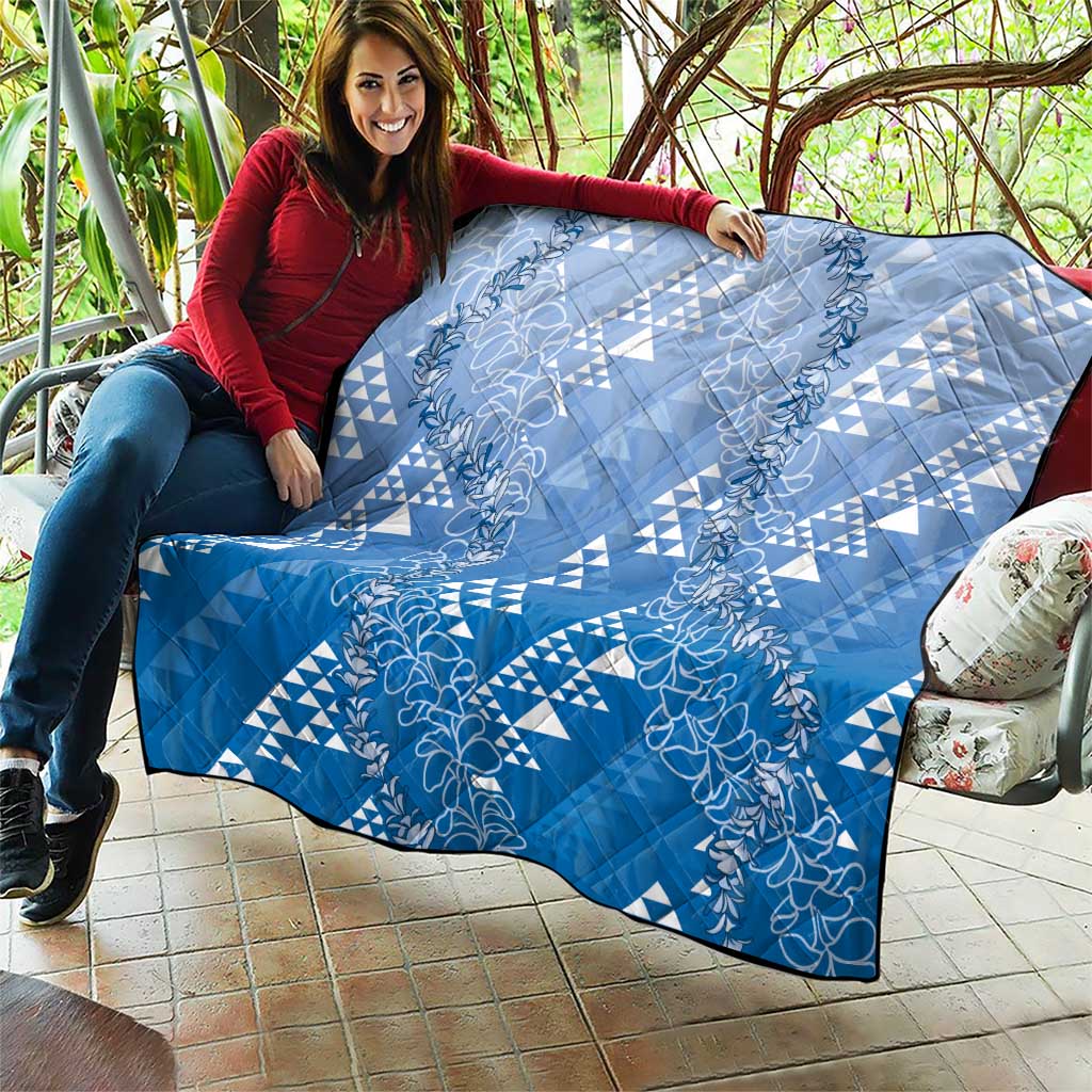 Hawaii Royal Blue Kapa Quilt Vintage 'Ohe Kāpala Motifs Mix Plumeria Leis