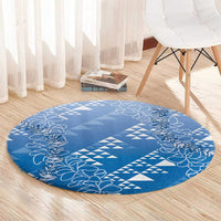 Hawaii Royal Blue Kapa Round Carpet Vintage 'Ohe Kāpala Motifs Mix Plumeria Leis LT7 - Polynesian Pride