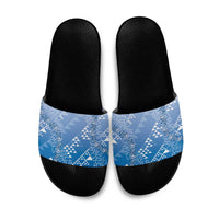 Hawaii Royal Blue Kapa Slide Sandals Vintage 'Ohe Kāpala Motifs Mix Plumeria Leis