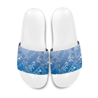 Hawaii Royal Blue Kapa Slide Sandals Vintage 'Ohe Kāpala Motifs Mix Plumeria Leis