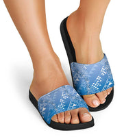 Hawaii Royal Blue Kapa Slide Sandals Vintage 'Ohe Kāpala Motifs Mix Plumeria Leis