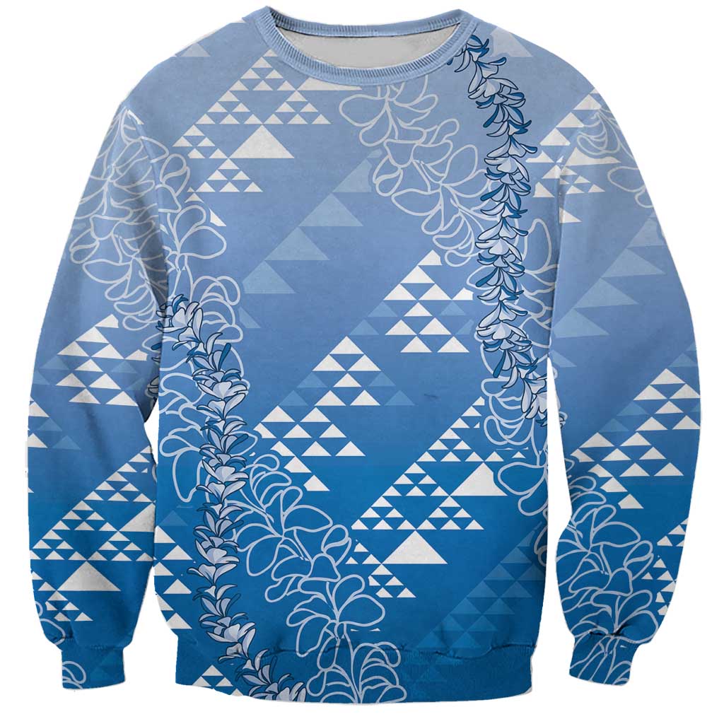 Hawaii Royal Blue Kapa Sweatshirt Vintage 'Ohe Kāpala Motifs Mix Plumeria Leis