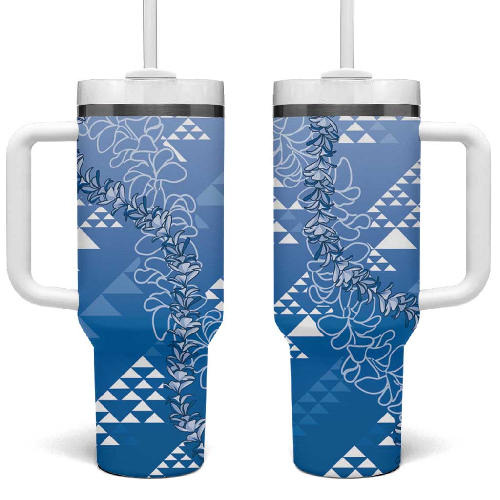 Hawaii Royal Blue Kapa Tumbler With Handle Vintage 'Ohe Kāpala Motifs Mix Plumeria Leis LT7 One Size: 40 oz Royal Blue - Polynesian Pride