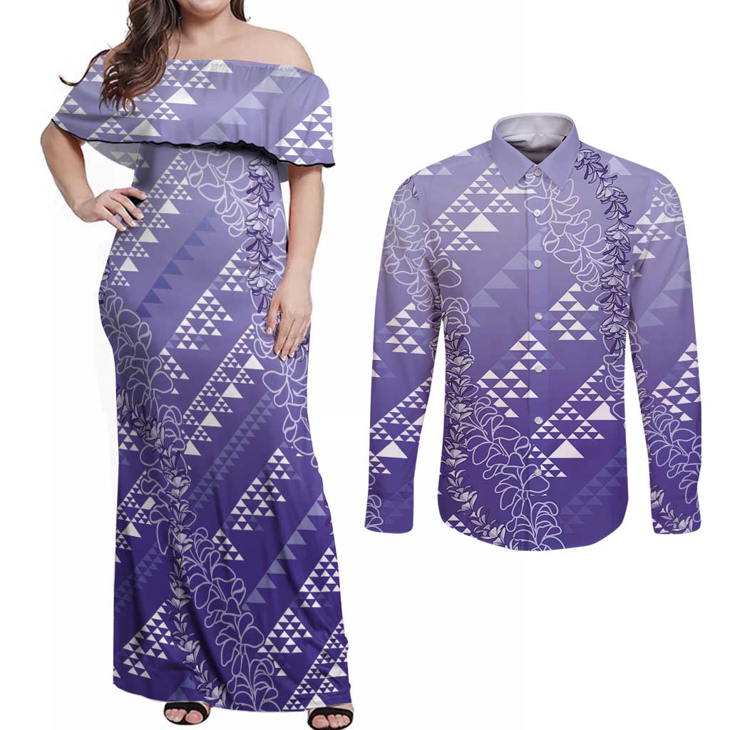 Hawaii Lavender Kapa Couples Matching Off Shoulder Maxi Dress and Long Sleeve Button Shirt Vintage 'Ohe Kāpala Motifs Mix Plumeria Leis