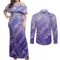 Hawaii Lavender Kapa Couples Matching Off Shoulder Maxi Dress and Long Sleeve Button Shirt Vintage 'Ohe Kāpala Motifs Mix Plumeria Leis