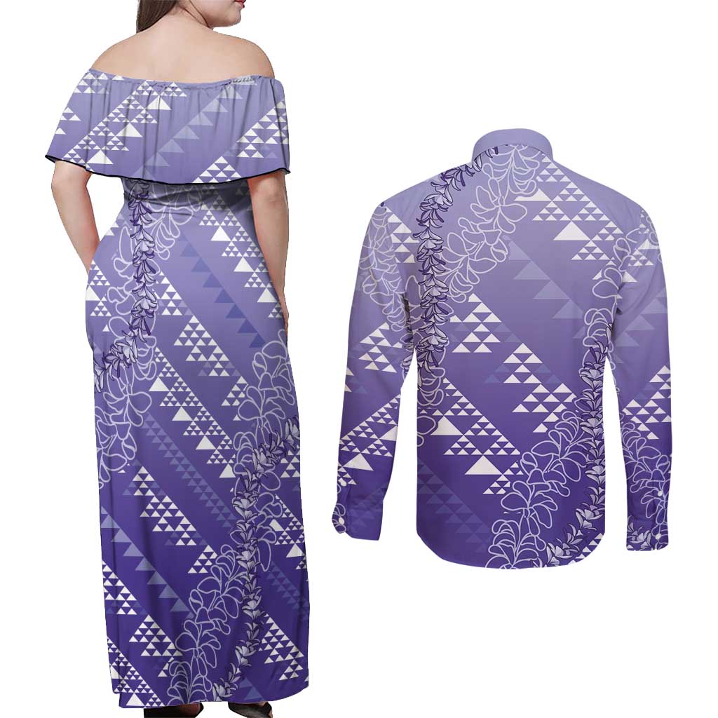 Hawaii Lavender Kapa Couples Matching Off Shoulder Maxi Dress and Long Sleeve Button Shirt Vintage 'Ohe Kāpala Motifs Mix Plumeria Leis