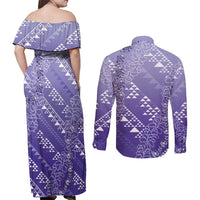 Hawaii Lavender Kapa Couples Matching Off Shoulder Maxi Dress and Long Sleeve Button Shirt Vintage 'Ohe Kāpala Motifs Mix Plumeria Leis