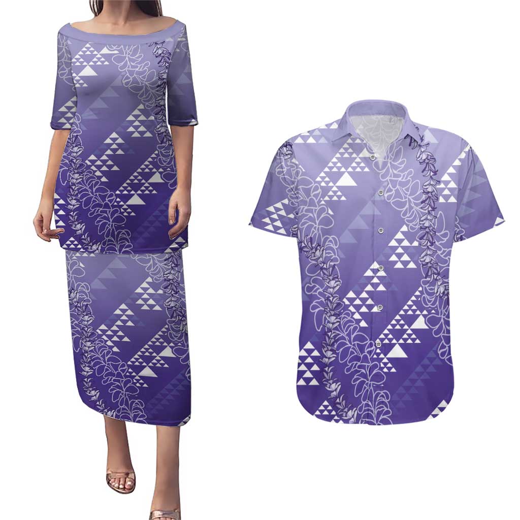 Hawaii Lavender Kapa Couples Matching Puletasi and Hawaiian Shirt Vintage 'Ohe Kāpala Motifs Mix Plumeria Leis