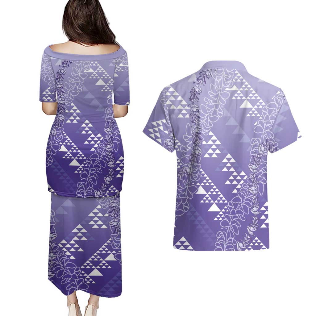 Hawaii Lavender Kapa Couples Matching Puletasi and Hawaiian Shirt Vintage 'Ohe Kāpala Motifs Mix Plumeria Leis