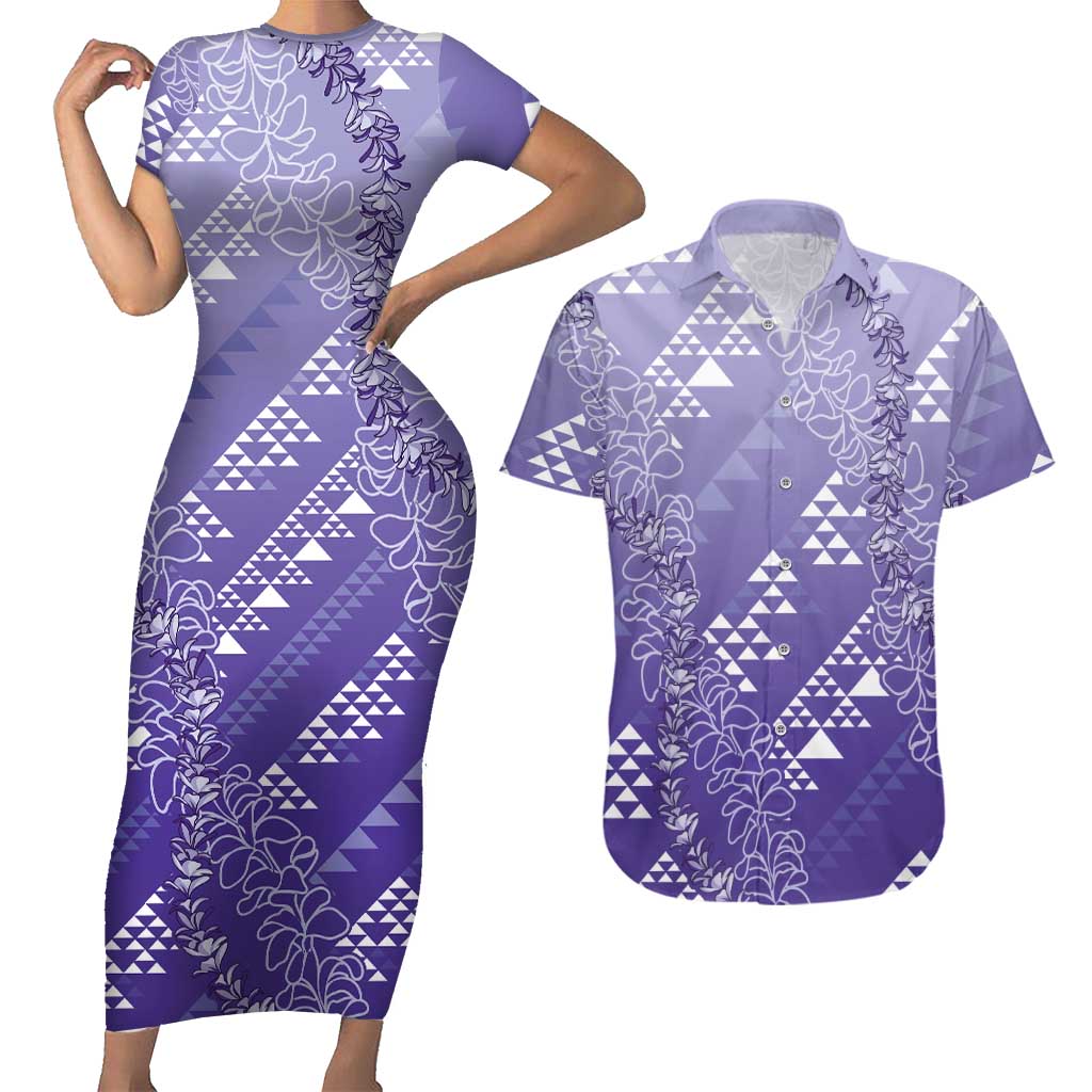 Hawaii Lavender Kapa Couples Matching Short Sleeve Bodycon Dress and Hawaiian Shirt Vintage 'Ohe Kāpala Motifs Mix Plumeria Leis