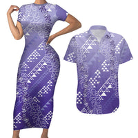 Hawaii Lavender Kapa Couples Matching Short Sleeve Bodycon Dress and Hawaiian Shirt Vintage 'Ohe Kāpala Motifs Mix Plumeria Leis