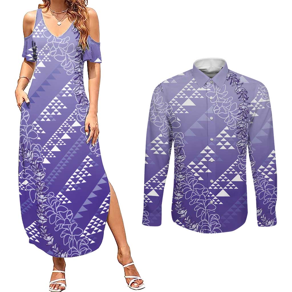 Hawaii Lavender Kapa Couples Matching Summer Maxi Dress and Long Sleeve Button Shirt Vintage 'Ohe Kāpala Motifs Mix Plumeria Leis