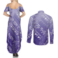 Hawaii Lavender Kapa Couples Matching Summer Maxi Dress and Long Sleeve Button Shirt Vintage 'Ohe Kāpala Motifs Mix Plumeria Leis