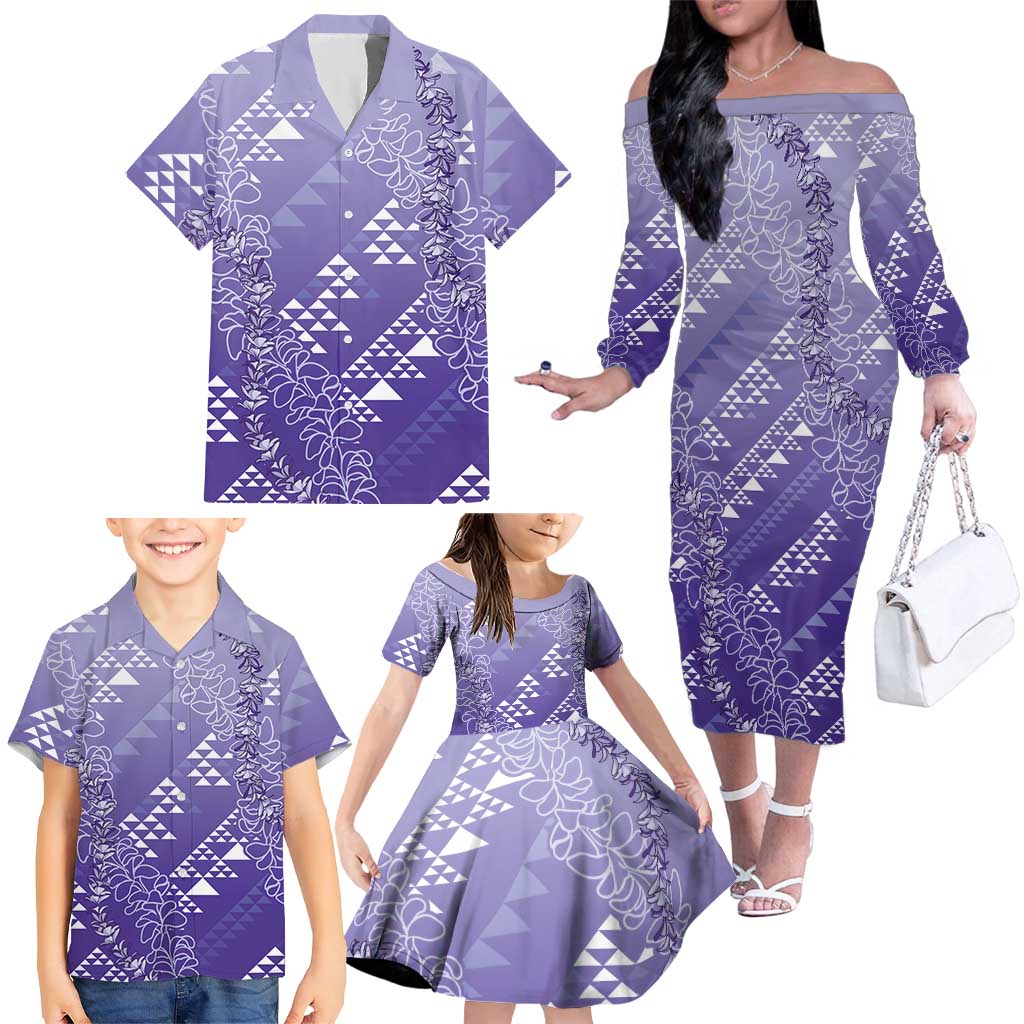 Hawaii Lavender Kapa Family Matching Off The Shoulder Long Sleeve Dress and Hawaiian Shirt Vintage 'Ohe Kāpala Motifs Mix Plumeria Leis LT7 - Polynesian Pride