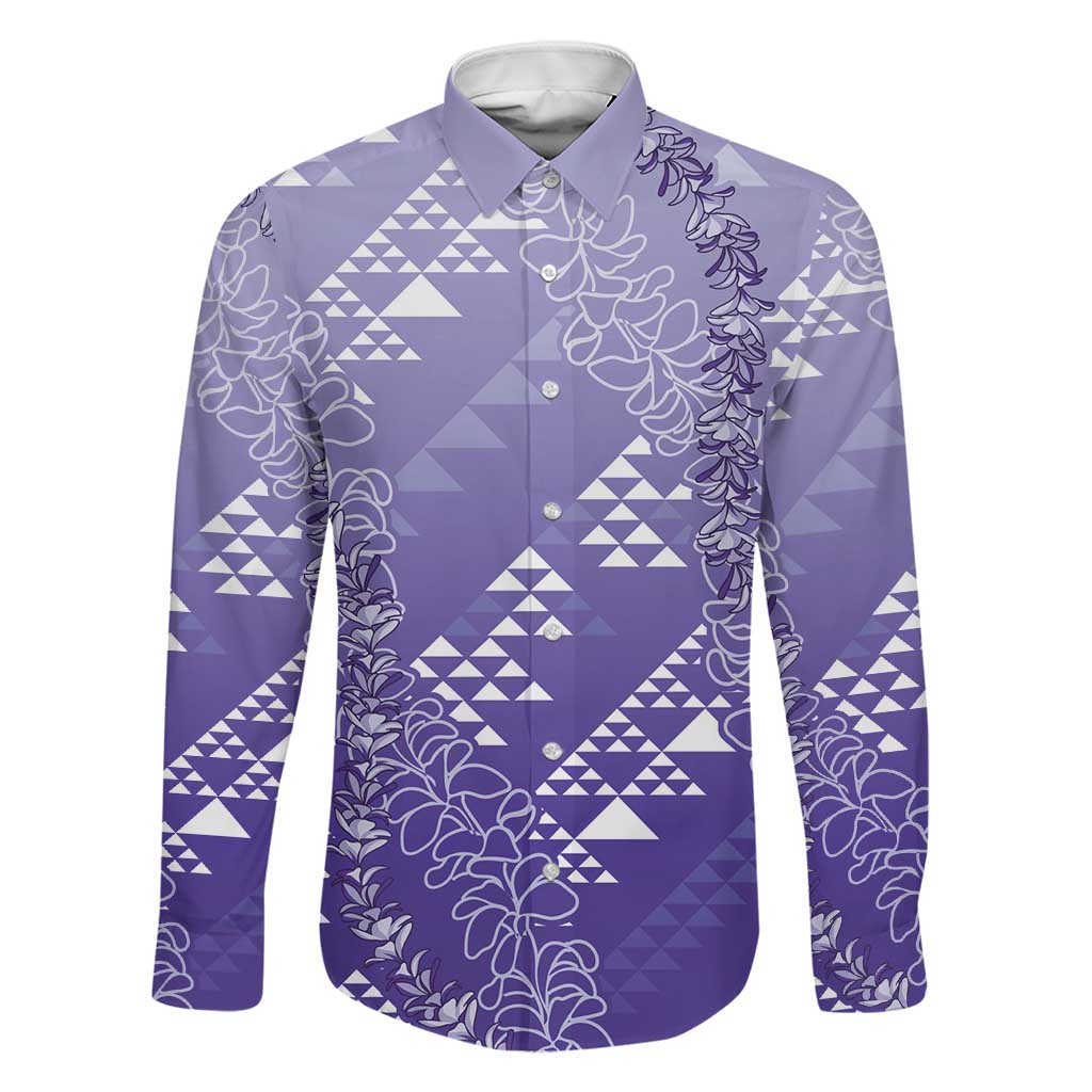 Hawaii Lavender Kapa Family Matching Off Shoulder Short Dress and Hawaiian Shirt Vintage 'Ohe Kāpala Motifs Mix Plumeria Leis LT7 Dad's Shirt - Long Sleeve Lavender - Polynesian Pride