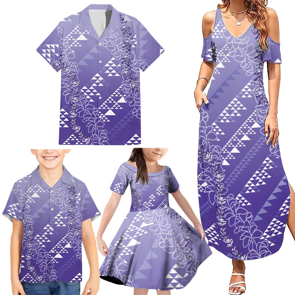 Hawaii Lavender Kapa Family Matching Summer Maxi Dress and Hawaiian Shirt Vintage 'Ohe Kāpala Motifs Mix Plumeria Leis LT7 - Polynesian Pride