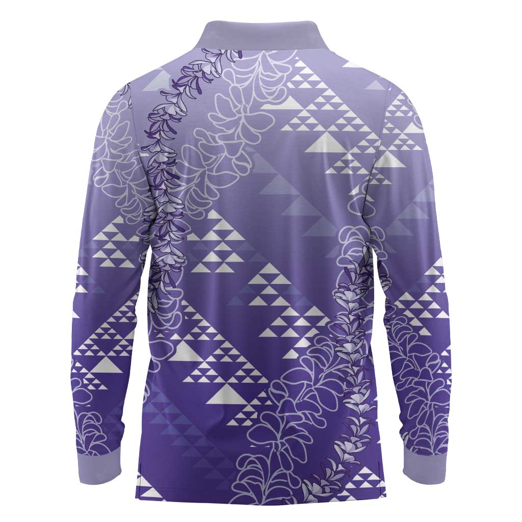 Hawaii Lavender Kapa Long Sleeve Polo Shirt Vintage 'Ohe Kāpala Motifs Mix Plumeria Leis