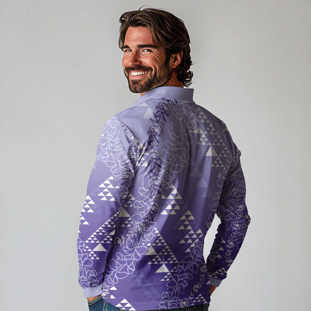 Hawaii Lavender Kapa Long Sleeve Polo Shirt Vintage 'Ohe Kāpala Motifs Mix Plumeria Leis