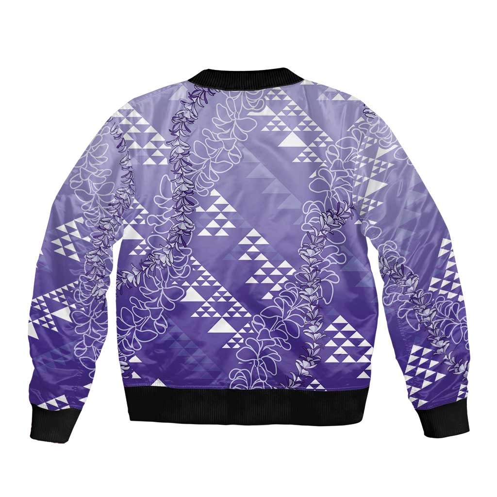 Hawaii Lavender Kapa Sleeve Zip Bomber Jacket Vintage 'Ohe Kāpala Motifs Mix Plumeria Leis LT7 - Polynesian Pride