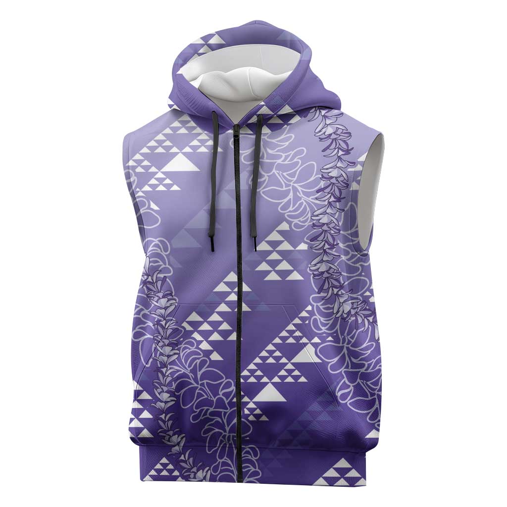 Hawaii Lavender Kapa Sleeveless Zip Hoodie Vintage 'Ohe Kāpala Motifs Mix Plumeria Leis