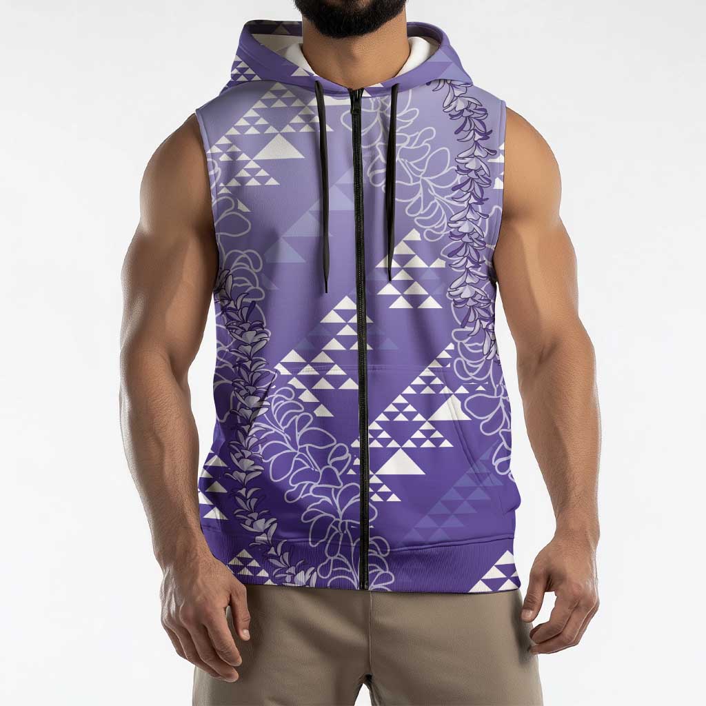 Hawaii Lavender Kapa Sleeveless Zip Hoodie Vintage 'Ohe Kāpala Motifs Mix Plumeria Leis