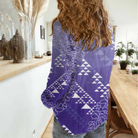 Hawaii Lavender Kapa Women Casual Shirt Vintage 'Ohe Kāpala Motifs Mix Plumeria Leis